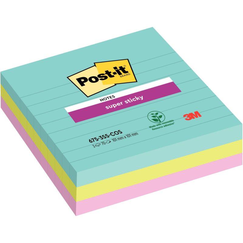 Image de  Paquet de 3 blocs Notes Super Sticky de 70 feuilles lignées, format 101 x 101 mm, couleurs Miami 
