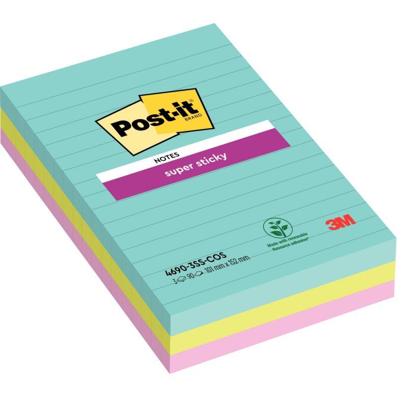 Image de  Paquet de 3 blocs Notes Super Sticky de 90 feuilles lignées, format 101 x 152 mm, Cosmic 