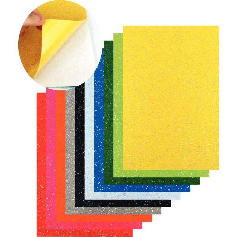 Image de  Paquet de 10 coupons de feutrine adhésive format 20 x 30 cm, coloris assortis pailletés 