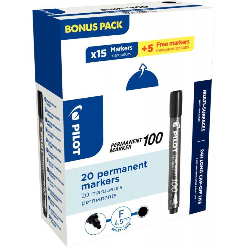 Image de  Pack de 20 marqueurs permanents 100 pointe ogive noirs dont 5 gratuits 