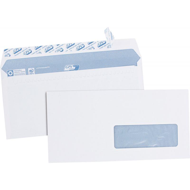 Image de  Boite de 500 enveloppes blanches 110x220mm 90g bande siliconée fenêtre 35x100mm 