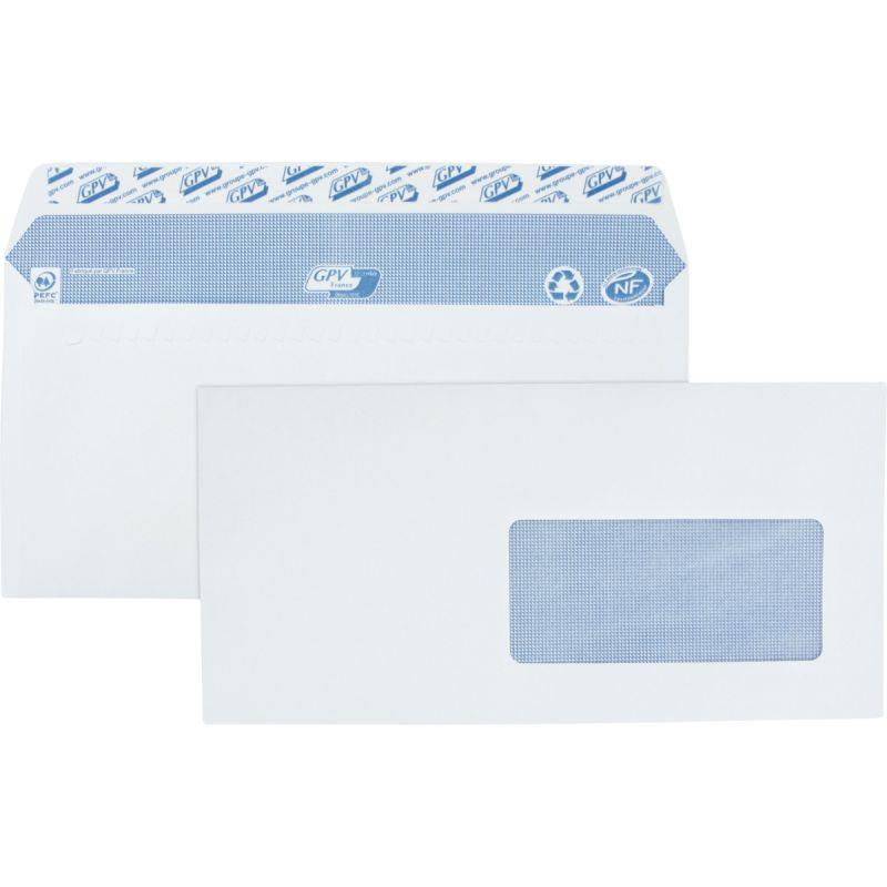 Image de  Boite de 500 enveloppes blanches 110x220mm 90g bande siliconnée fenêtre 45x100mm 