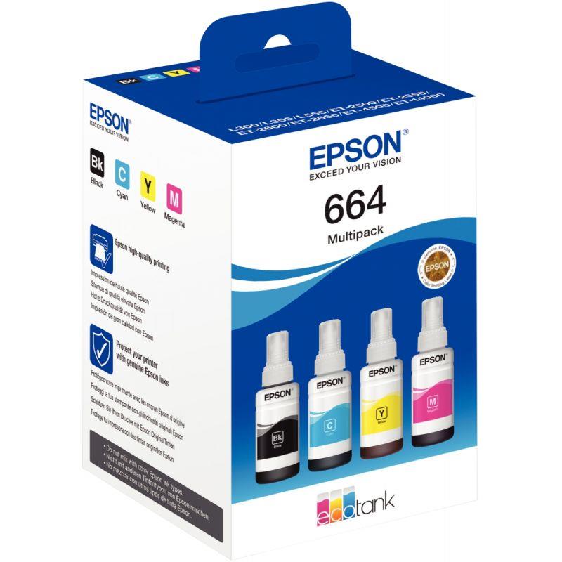 Image de  Epson 664 pack de de 4 flacons jet d''encre noire, cyan, magenta et jaune authentique (T664640) 