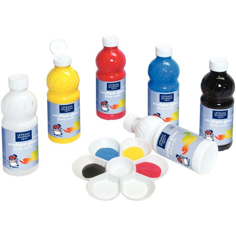 Image de  Carton de 6 flacons 500ml d''acrylique Glossy Lefranc Bourgeois, couleurs vives assorties 