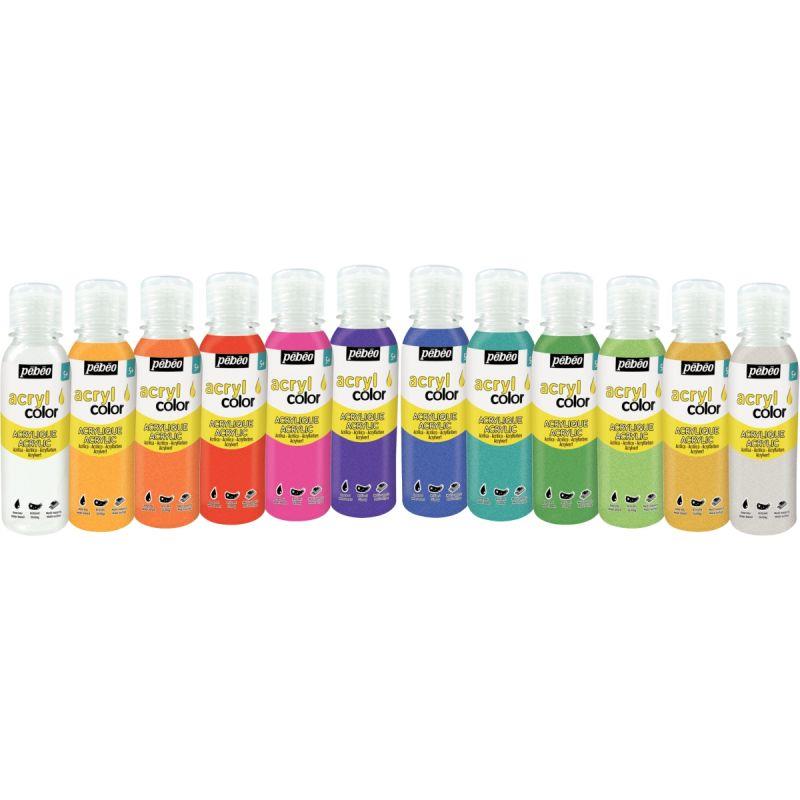 Image de  Carton de 12 flacons 150 ml de peinture ACRYLCOLOR couleurs pailletées assorties 