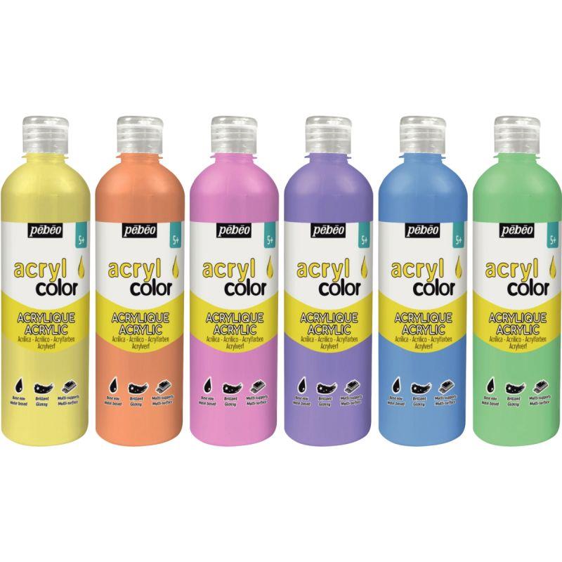 Image de  Carton de 6 flacons 500ml de peinture ACRYLCOLOR couleurs pastel assorties 