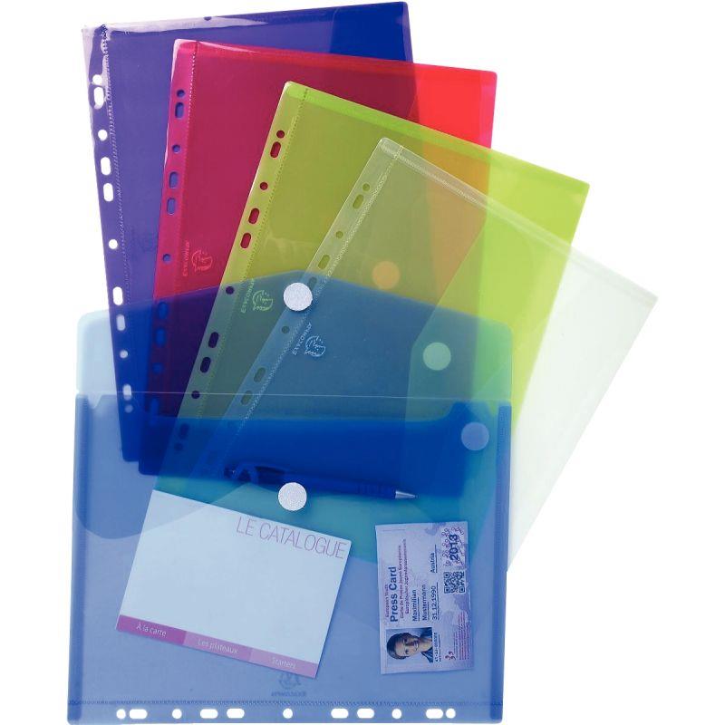 Image de  Paquet de 5 enveloppes perforées A4 en polypropylène translucide, coloris assortis 