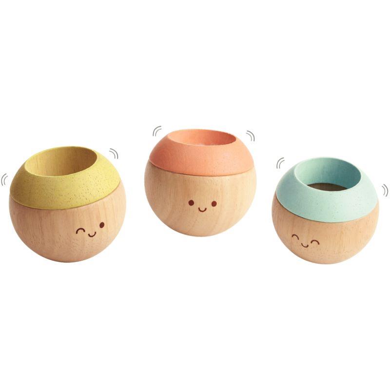 Image de  Lot de 3 hochets têtes sensorielles en bois pastel PLAN TOYS 