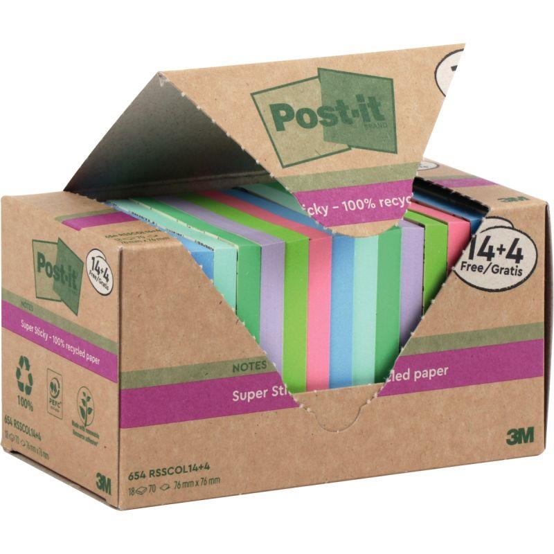 Image de  Tour de 18 blocs sticky recyclés 76 x 76 mm  dont 4 gratuits coloris assortis 