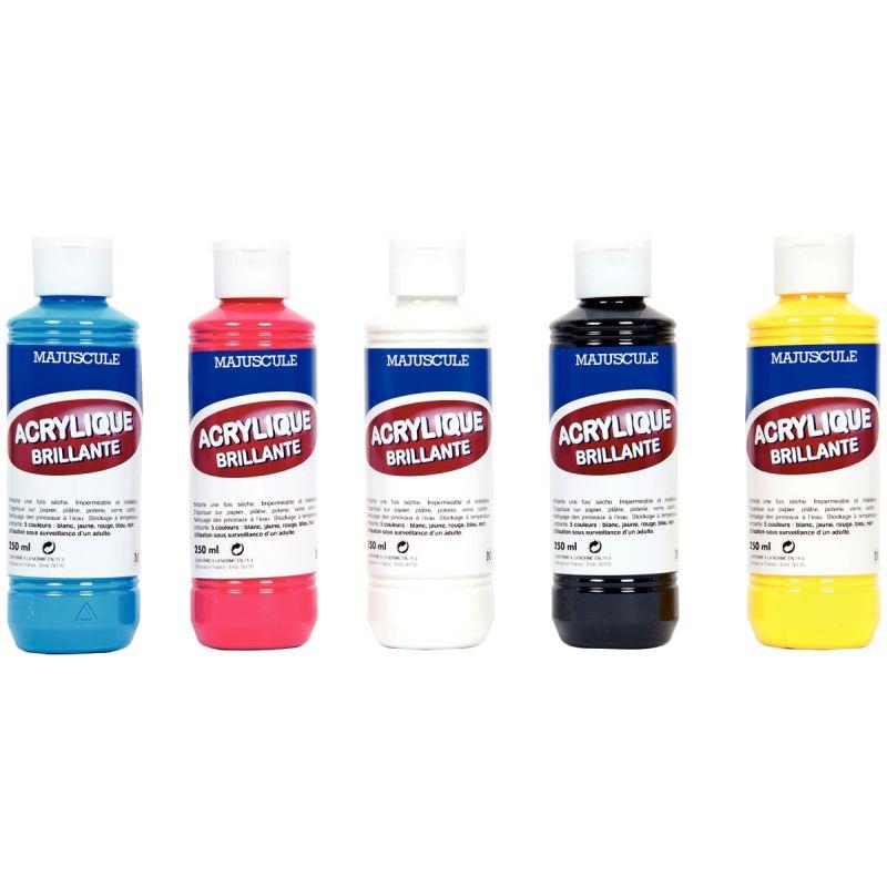 Image de  Boîte de 5 flacons 250 ml de peinture acrylique MAJUSCULE, couleurs primaires 