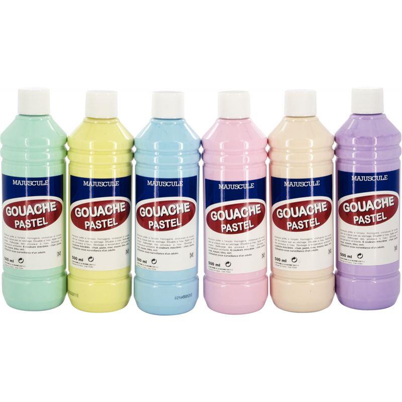 Image de  Carton de 6 Flacons 500ml de gouache pastel + 10 brosses plates synthétiques n°12 