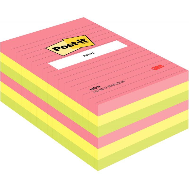 Image de  Lot de 6 blocs lignés de 100 feuilles Post-it, 102 x 152 mm, couleurs néon assorties 
