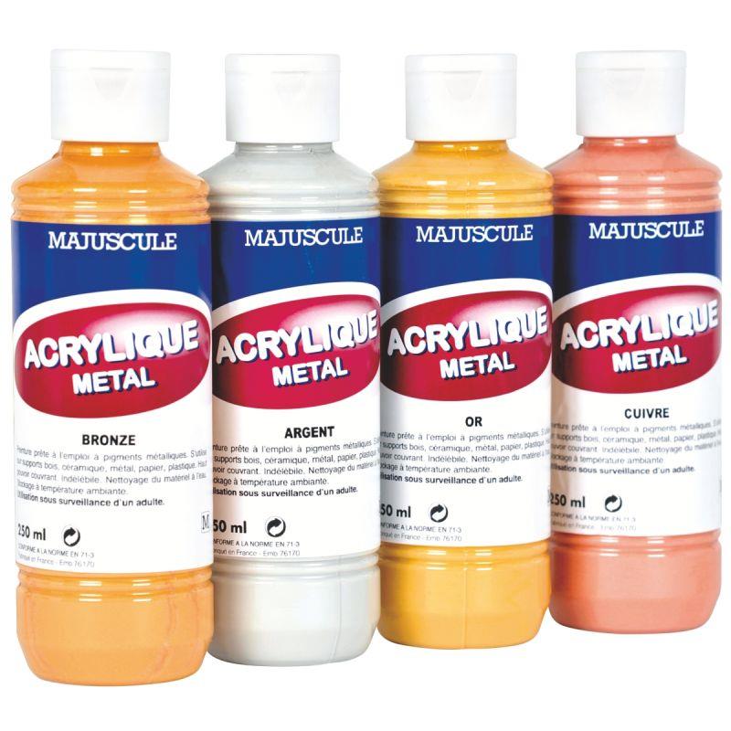 Image de  Lot de 4 flacons 250ml de peinture acrylique métal MAJUSCULE 