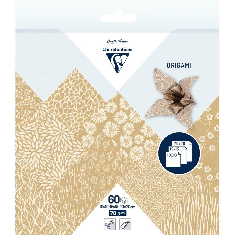 Image de  Pochette 60 feuillles origami 3 formats kraft floral 