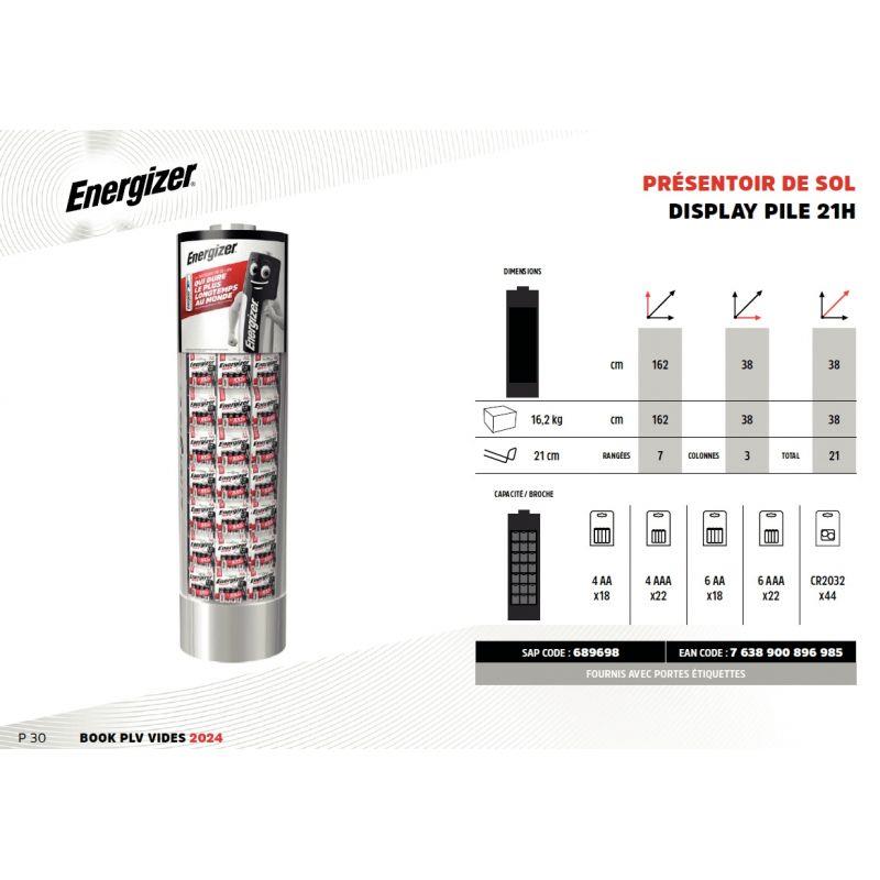 Ref. 55590, Présentoir piles 21 broches vide H.162 x l.38 x P.38 cm, marque ENERGIZER