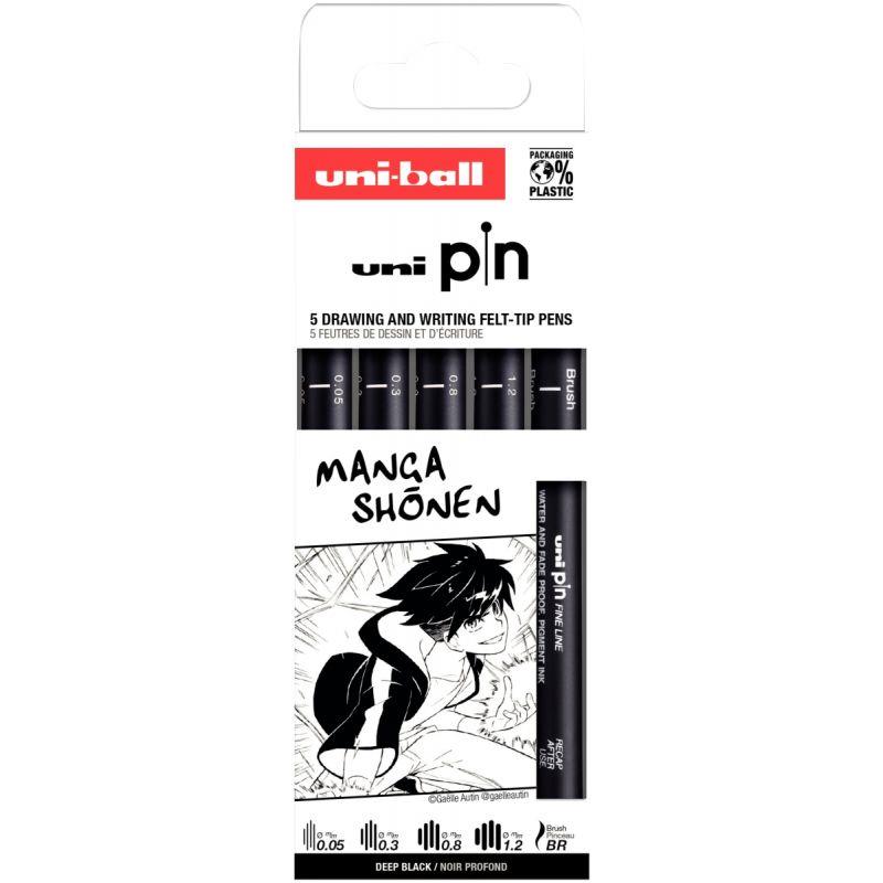 Image de  Pochette 5 feutres Manga pointes assorties brush noirs 