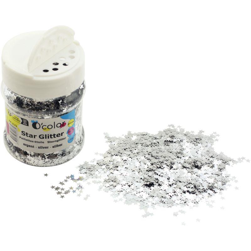Image de  Pot de 65 grammes de paillettes étoiles coloris argent 