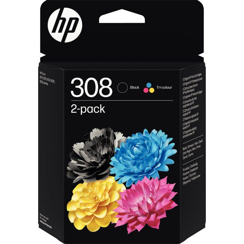 Image de  HP 308 pack de 2 cartouches d''encre noire et trois couleurs authentiques (6L6S6UE) 