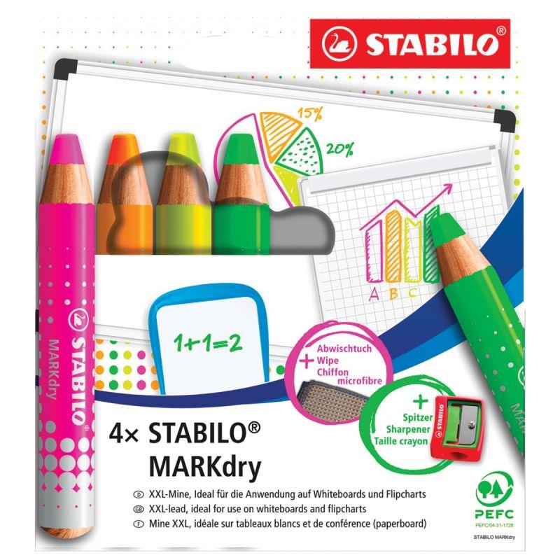 Image de  Etui de 4 crayons Markdry fluo + chiffonnette 