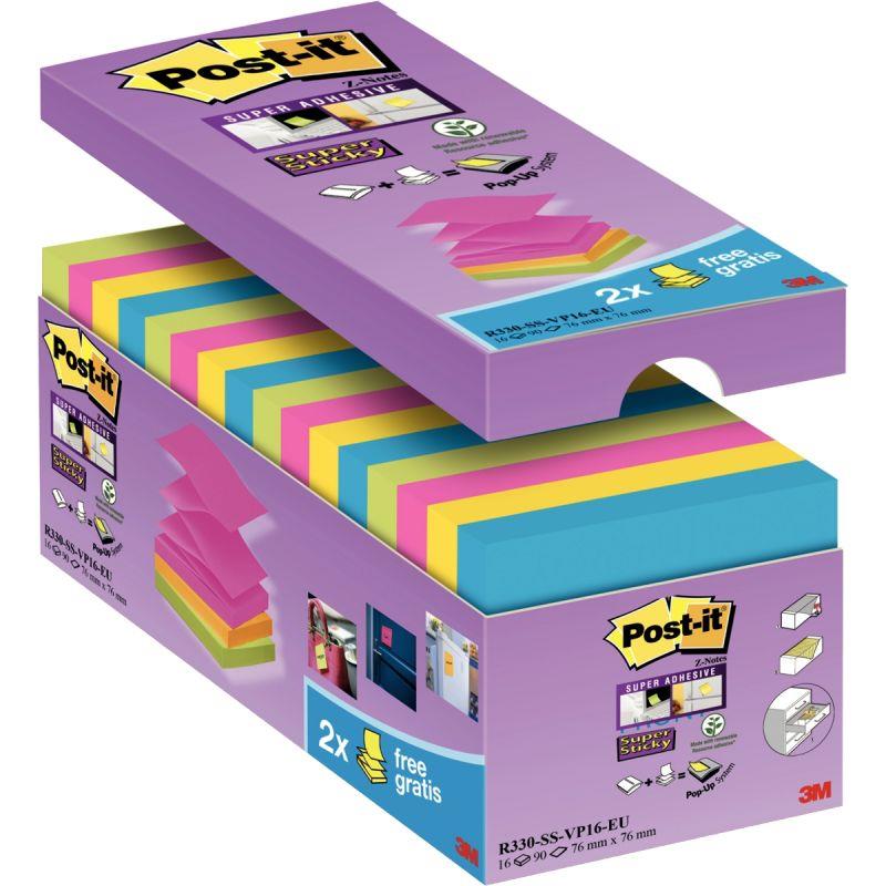 Image de  Pack de 16 blocs Znotes super sticky 76 x 76 mm coloris assortis dont  2 gratuits 