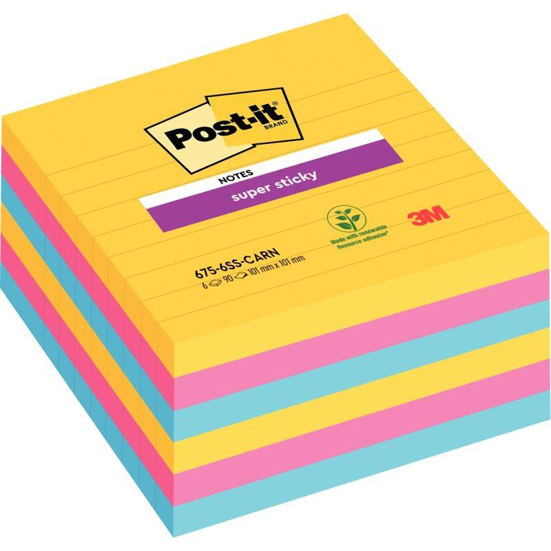 Image de  Lot de 6 blocs Notes Super Sticky de 90 feuilles lignées, format 101 x 101 mm, couleurs CARNIVAL 