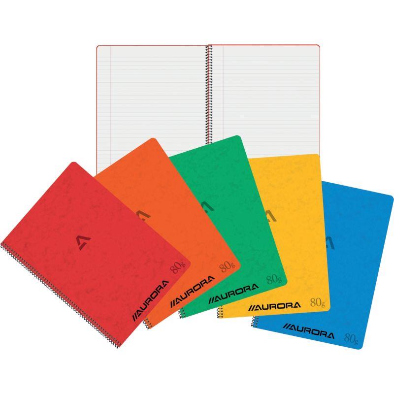 Ref. 60036, Cahier spiralé 120 pages 80g, ligné 8mm, format A4, coloris assortis, marque AURORA