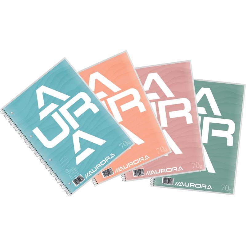 Ref. 60038, Cahier spiralé 160 pages perforées 70g, format A4, ligné 8mm, marque AURORA