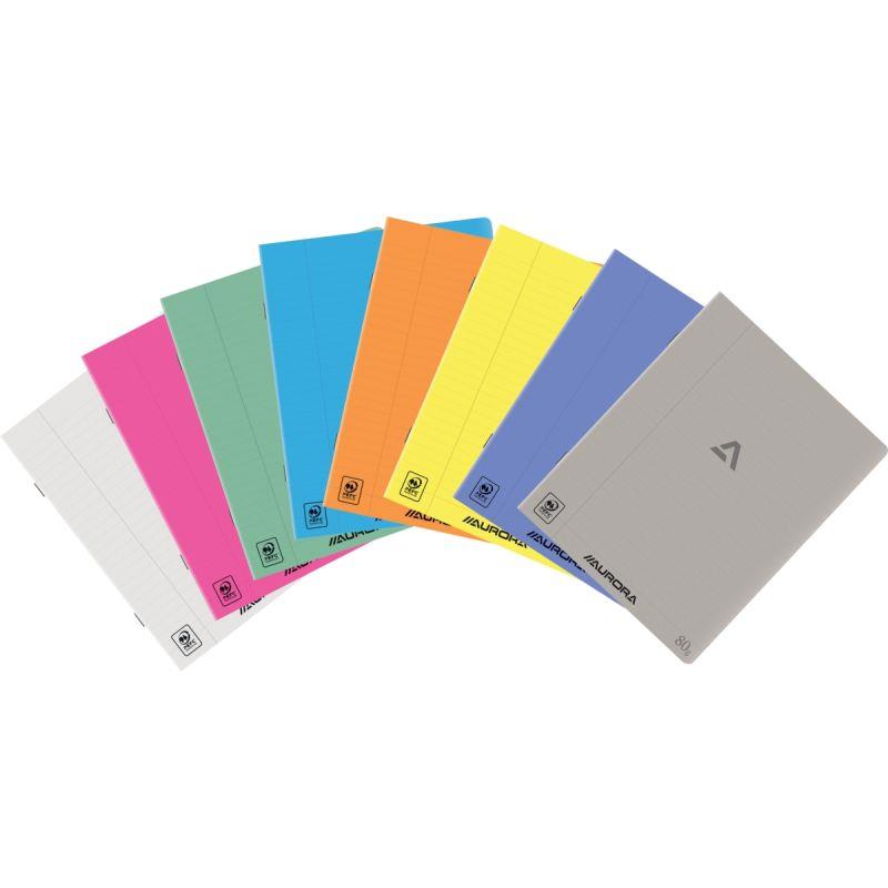 Ref. 60060, Cahier piqué AURORA 72 pages 80g, format A5 ligné 8mm, couverture PP coloris assortis, marque AURORA