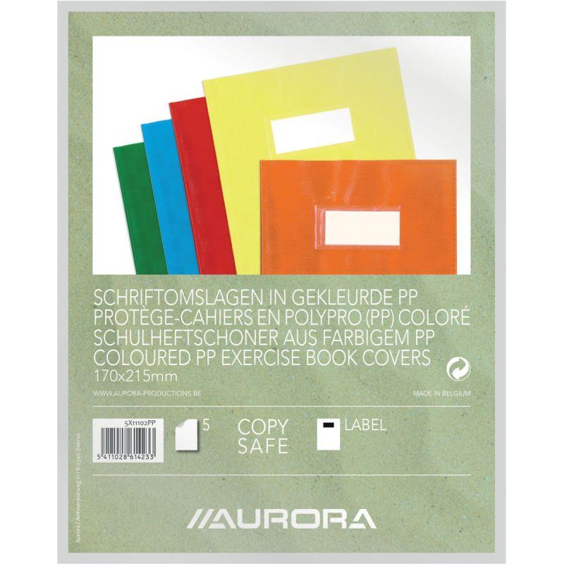 Ref. 60128, Paquet de 5 protège-cahiers PP opaque + étiquette, format A5, coloris assortis, marque AURORA