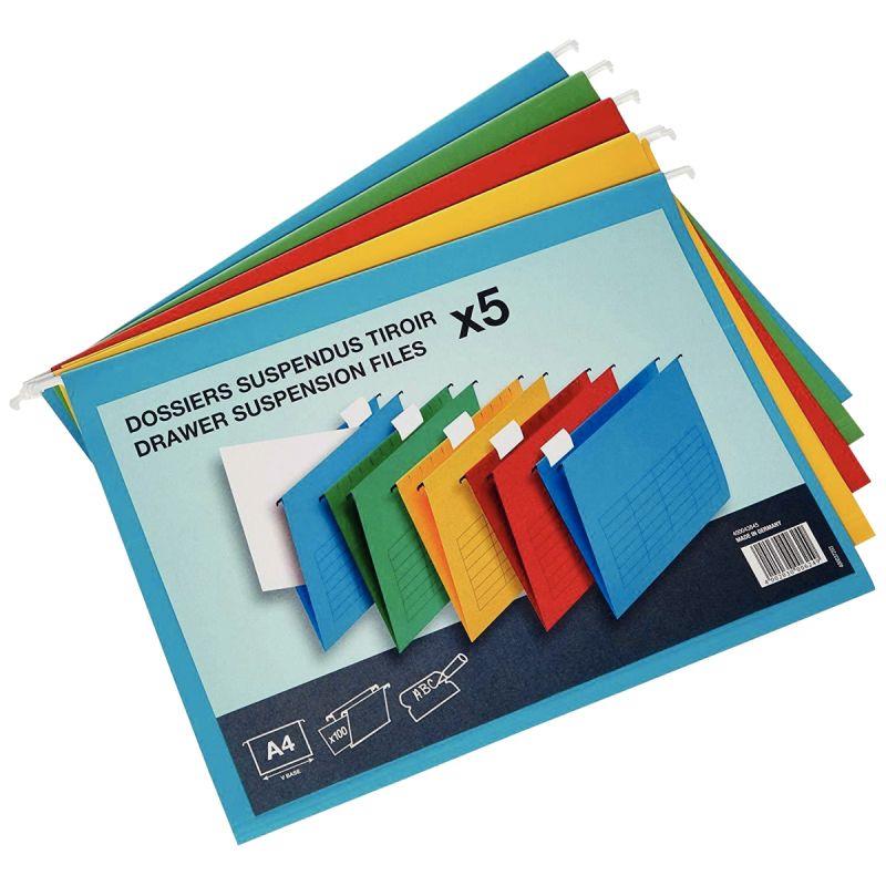 Image de  Paquet de 5 dossiers suspendus en kraft recyclé pour tiroir, dos V, coloris assortis 