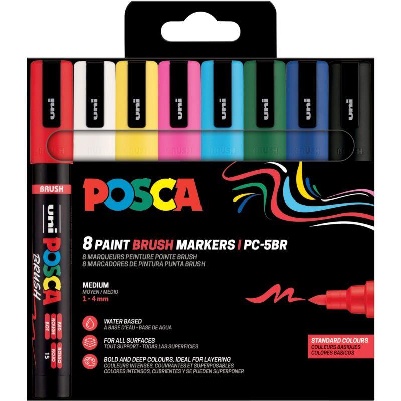Ref. 60417, Pochette de 8 marqueurs Posca pointe moyenne brush assortis, marque UNIBALL
