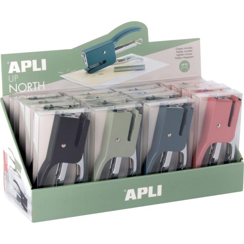Ref. 61679, Présentoir de 16 agrafeuses de poche Up North n°10 10 feuilles, marque APLI