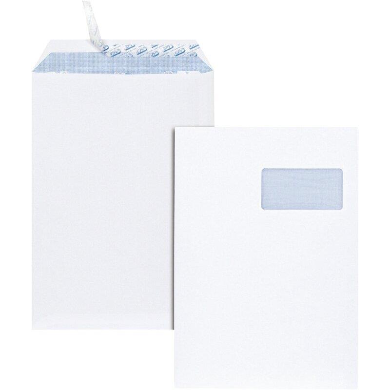 Ref. 62374, Paquet de 25 pochettes blanches 229x324 90g bande siliconée avec fenêtre, marque GPV