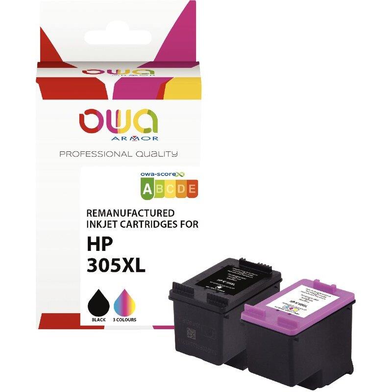 Ref. 62843, OWA lot 2 cart encre noir et couleur hte capa remanufacturées compatibles HP 305XL 3YM62AE/3YM63AE, marque ARMOR