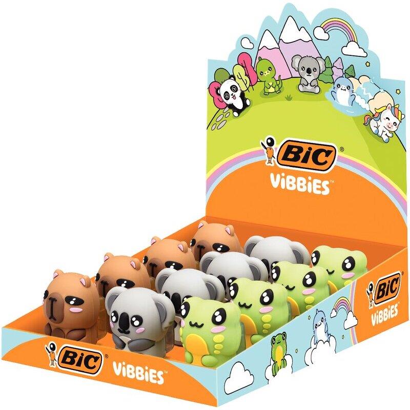 Ref. 63418, Présentoir de 12 taille-crayons VIBBIES assortis, marque BIC