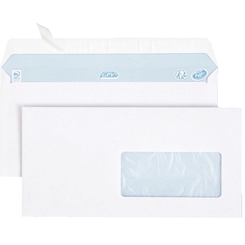 Image de  Boite de 500 enveloppes blanches 110x220mm 80g bande siliconée fenêtre 45x100mm 