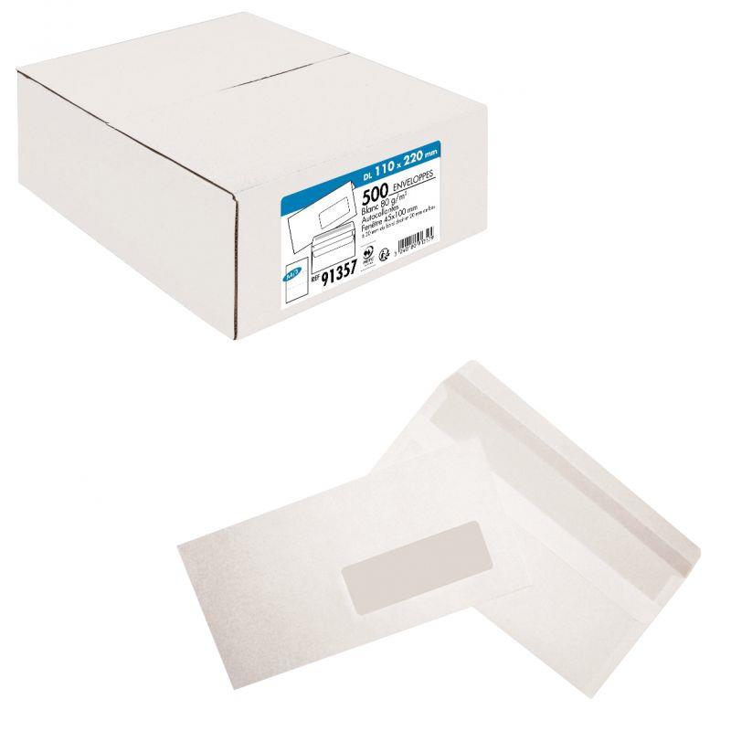Image de  Boite de 500 enveloppes blanches 110x220mm 80g autocollante fenêtre 45x100mm 