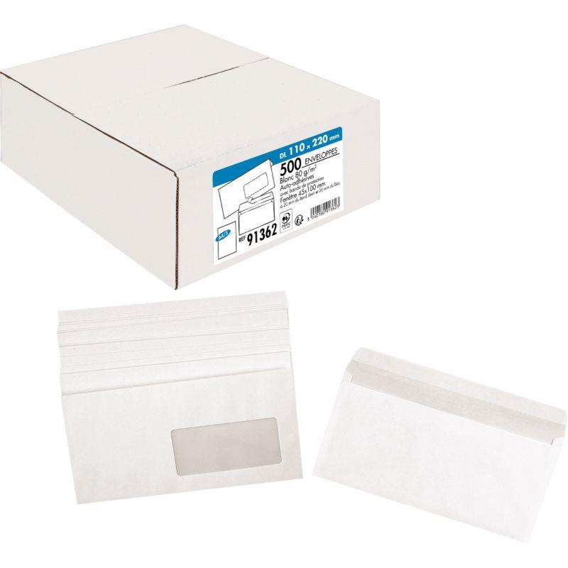 Image de  Boite de 500 enveloppes blanches 110x220mm 80g bande siliconée fenêtre 45x100mm 