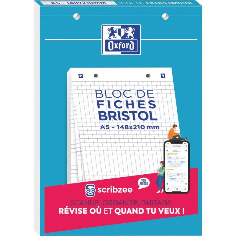 Ref. 64726, Bloc de 30 fiches bristol perforées 2 trous carte forte 210 g blanc quadrillé 5x5 format 14,8 x 21 c, Blanc, marque HAMELIN