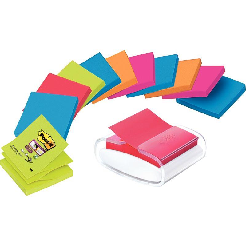 Image de  Lot de 12 bloc de 90 feuille z-note post-it super sticky 76x76mm coloris assortis + dévidoir offert 