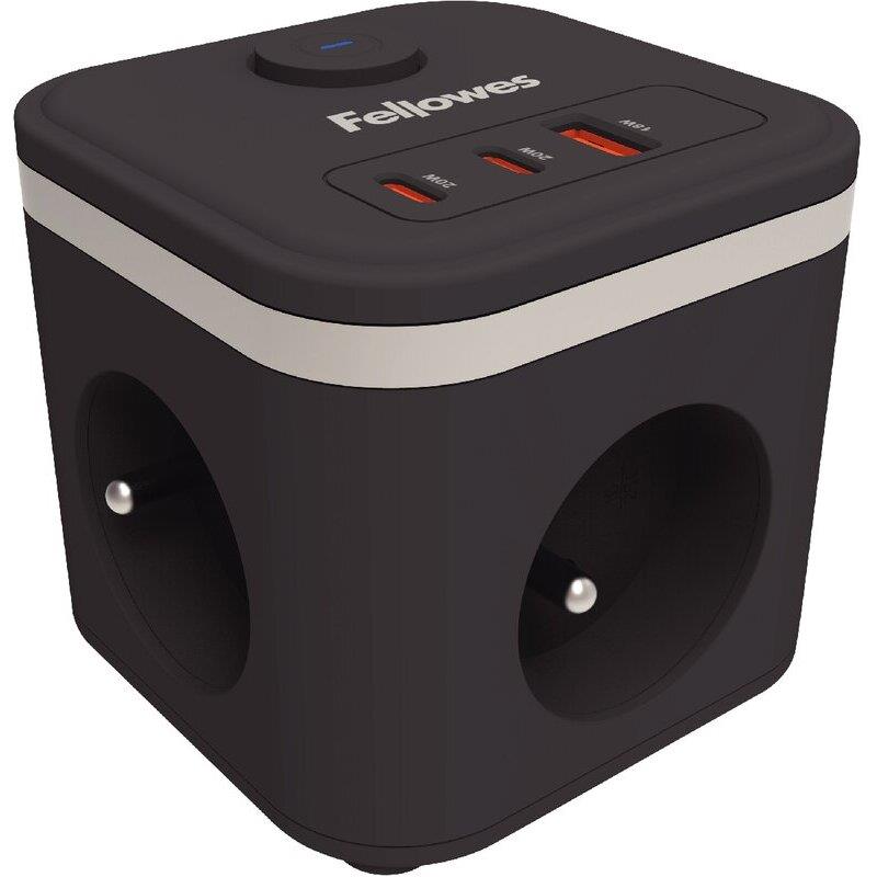 Ref. 64803, Bloc multiprise Power Cube Ampra noir, marque FELLOWES
