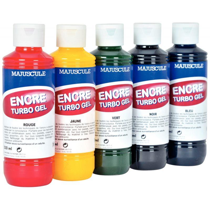 Image de  Boîte de 5 Flacons de 250 ml encre à dessiner turbo gel assortis + 12 tampons mousse offerts 