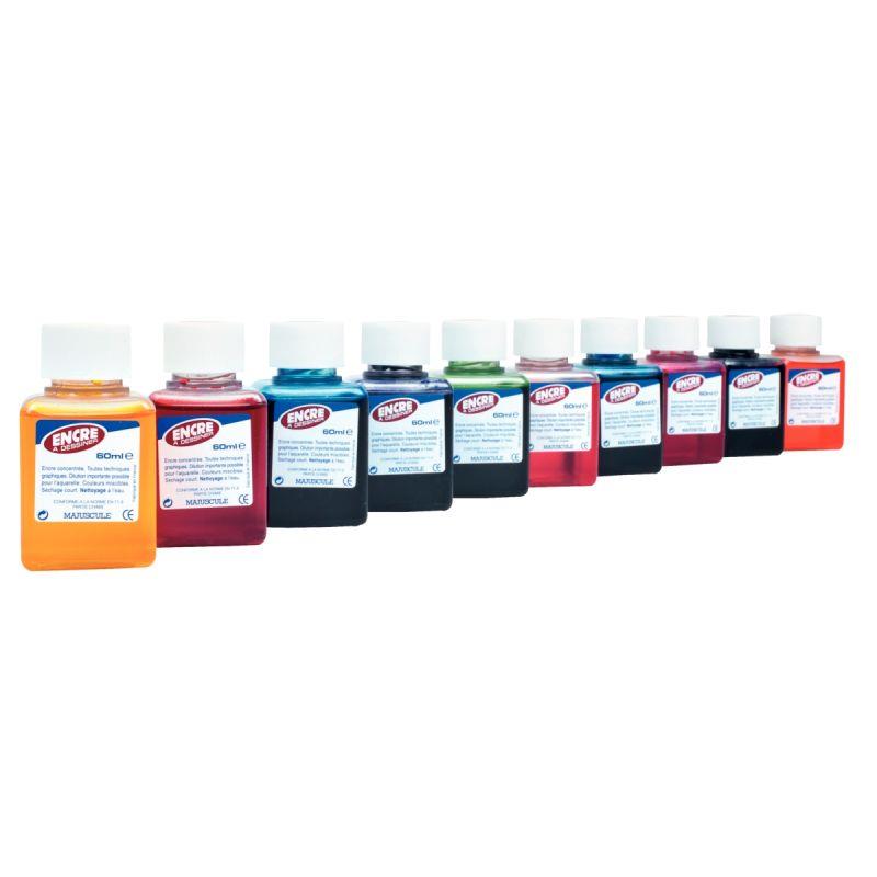 Image de  Coffret de 10 Flacons de 60 ml d''encre à dessiner coloris assortis 