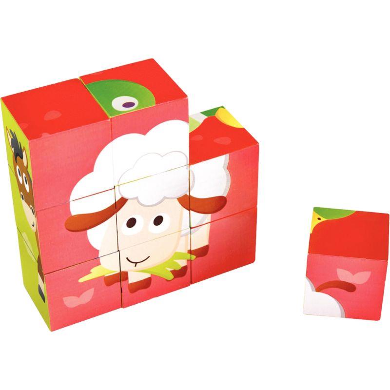 Image de  Boite de 9 puzzles cubes en bois, les animaux de la ferme 