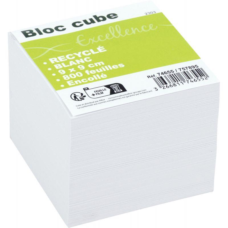Image de  Bloc cube recyclé blanc d''environ 800 feuilles encollées, dimensions : 9 x 9 x 7.5 cm 