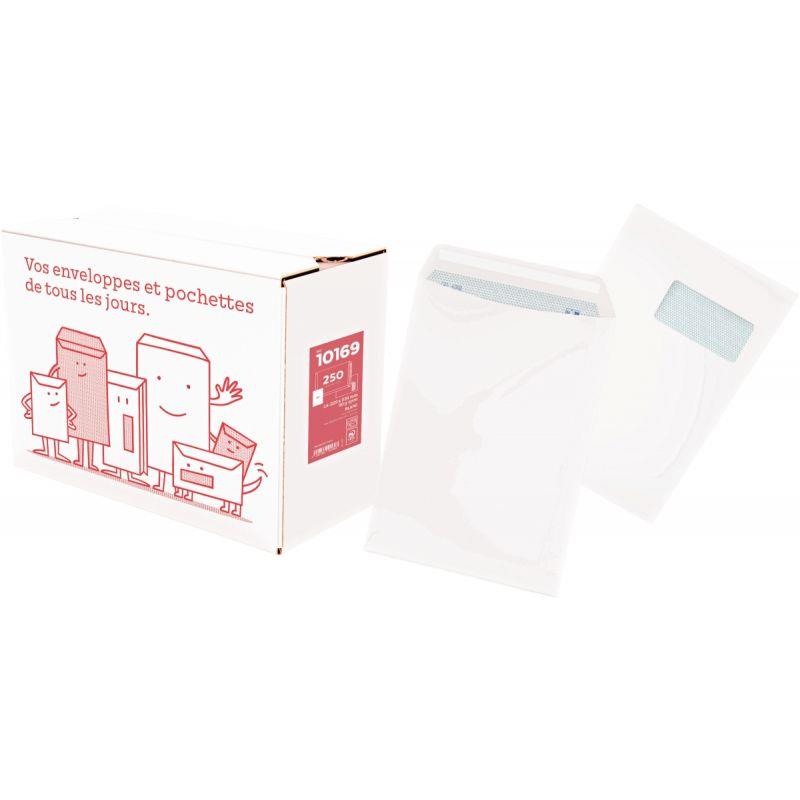 Image de  Boite de 250 pochettes blanches 229x324mm 90g bande siliconée fenêtre 50x100mm 