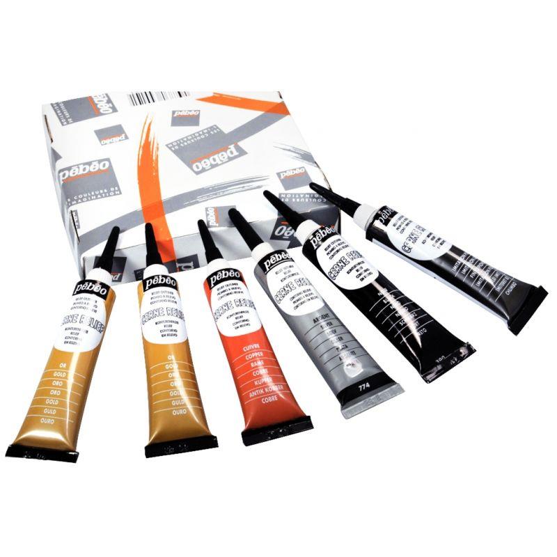 Image de  Boîte de 6 tubes à canule cerne relief 20 ml. Assortis : 2 or, noir, argent, cuivre, imitation plomb 