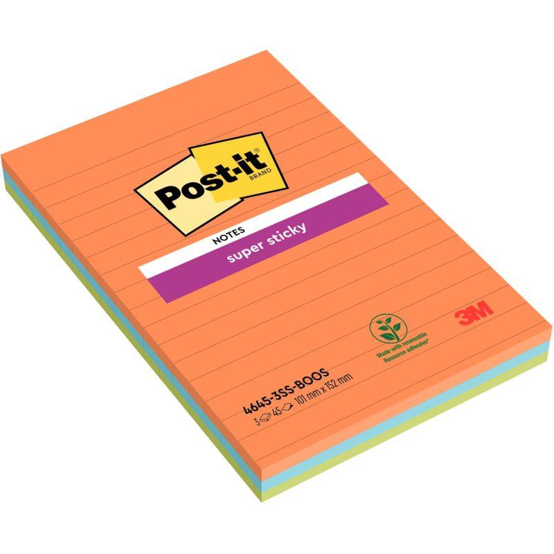 Image de  Paquet de 3 blocs Notes Super Sticky de 45 feuilles lignées, format 101 x 152 mm 