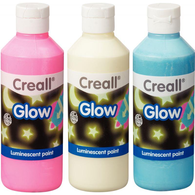 Image de  Lot 3 flacons de 250ml de peinture phosphorescente coloris assortis: vert/jaune, rouge/rose et bleu 