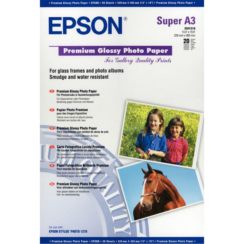 Image de  Paquet de 20 feuilles de papier photo premium glacé marque Epson format A3+ (32.9 x 48,3 cm) 255g 